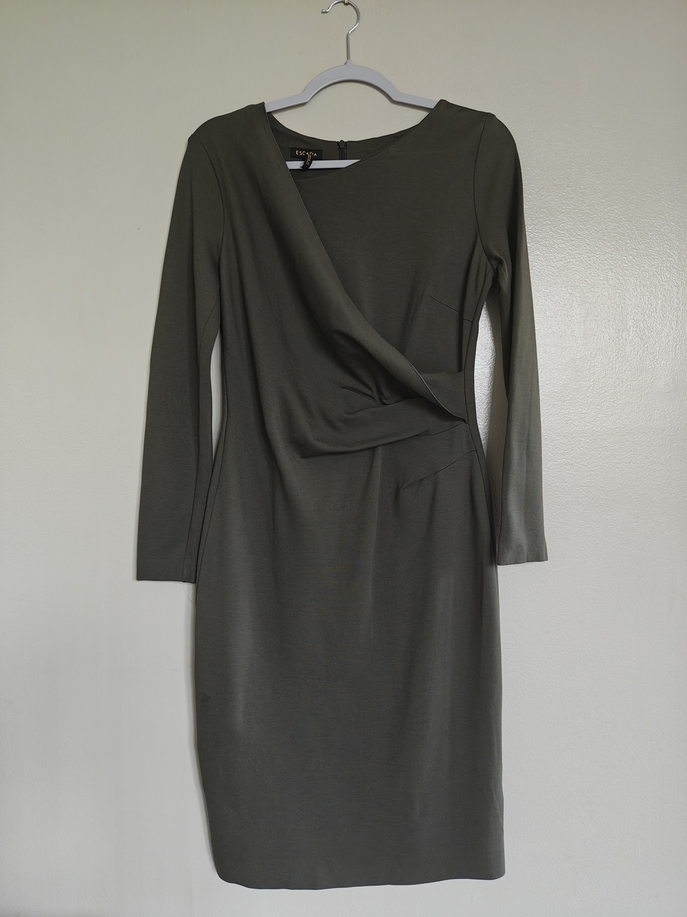 Escada Olive Green Long-Sleeve Wrap Sheath Dress